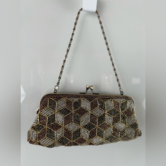 NWT MONI Couture Beaded Olive Green Amber Brown Formal Clutch With Bronze Accent - Picture 6 of 15